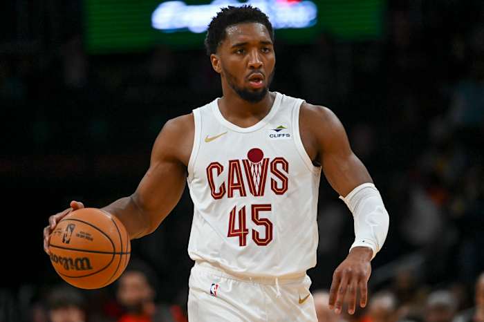 Feb 25, 2024; Washington, District of Columbia, USA; Cleveland Cavaliers guard Donovan Mitchell (45) dribbles up the court during the first half against the Washington Wizards at Capital One Arena. Mandatory Credit: Tommy Gilligan-USA TODAY Sports